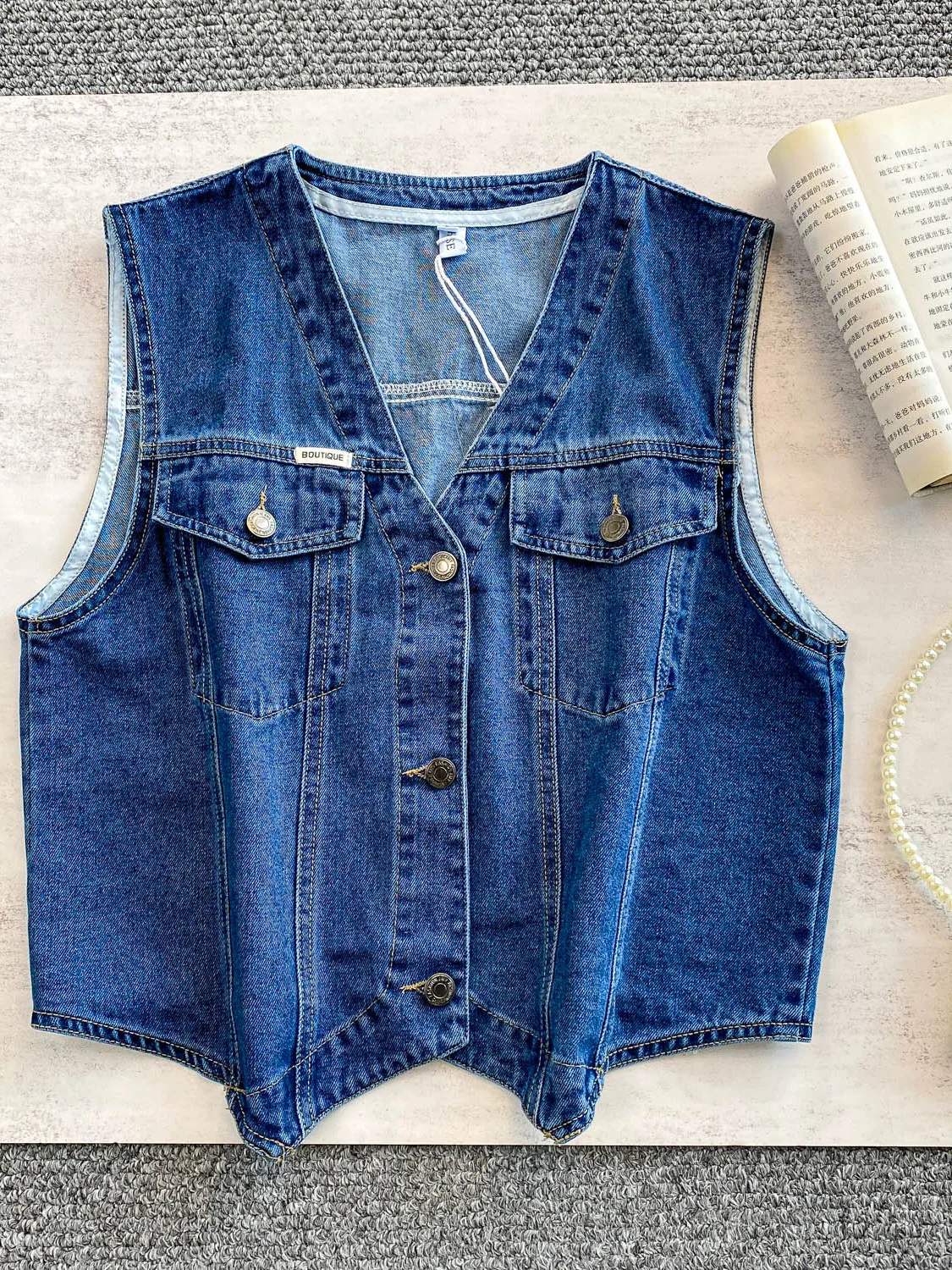 

New Chinese Sle V-Ne Single Button Vest Blue Denim ort Top Women's Faion Summer Slimming Layering Casual Commute