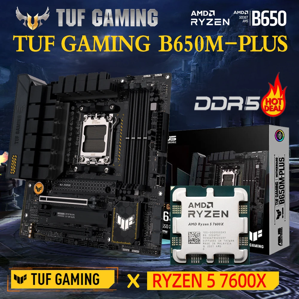 

ASUS TUF GAMING B650M PLUS DDR5 материнская плата Socket AM5 Kit Ryzen R5 7600X CPU AMD 7000 M.2 SATA поддержка D5 EXPO Memroy 6400MT/s + OC Материнская плата M-ATX PCIe 5.0 x 16 USB 3.2 + процессоры Ryzen 5 7600X R5