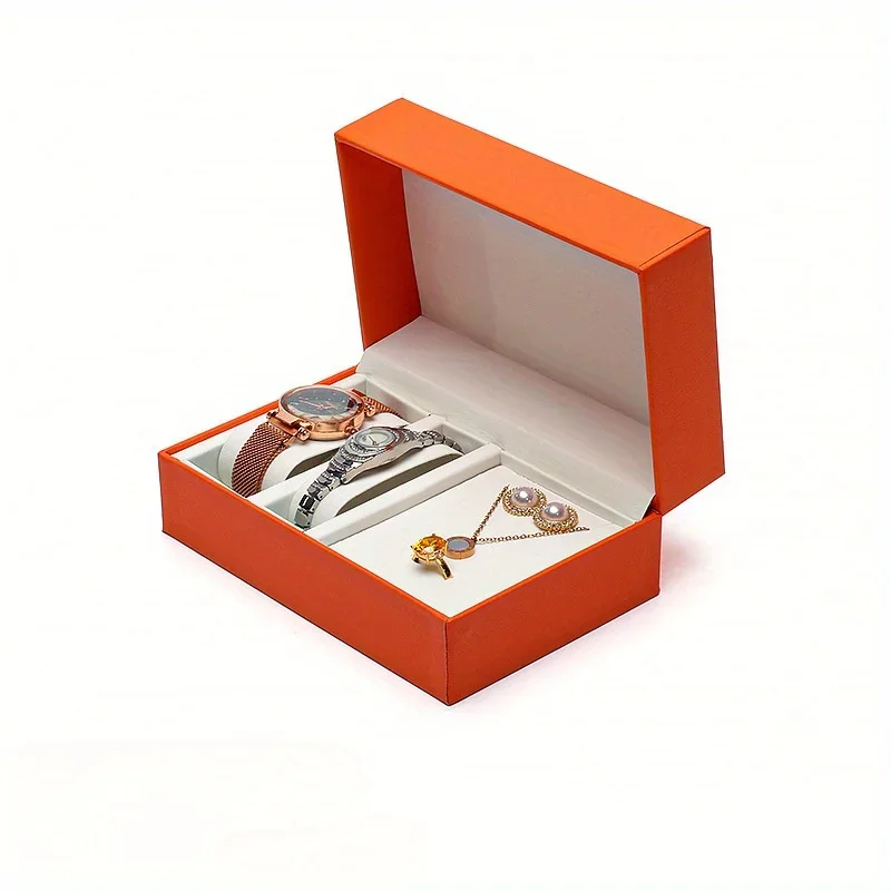 1pc 2 Slots Flip PU Leather Watch Packaging Box, Necklace Pendant Bracelet Jewelry Watch Set Box