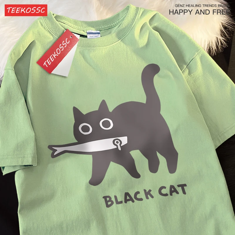 Siblings Tops Fun A Black Cat Eating Fish T Shirts Oversized Loose O-Neck Cool Tees Clothing Casual Summer Sisters T-Shirt