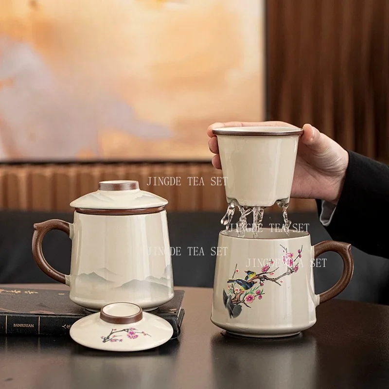 500ml Retro Ceramic Tea Mug With Removable Tea Filter Lid Magpie Plum Blossom Mountain Scenery Office Porcelain Teacup