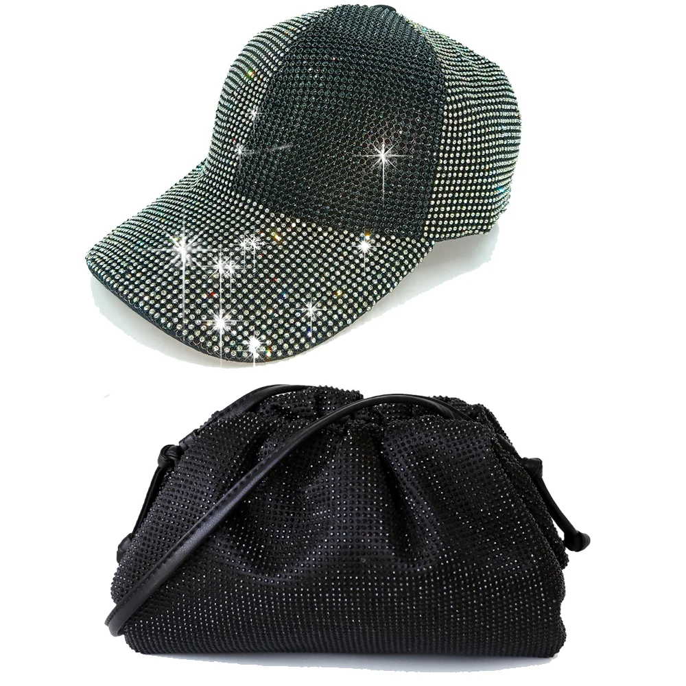 Super Flash Full Diamond Baseball Hat and Rhinestone Bag Set Summer Empty Top Hat Breathable Sunshade Beach Sun Hat Wholesale