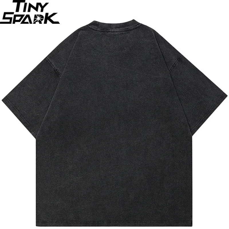 Hip Hop Streetwear Retro Washed Black T-Shirt Men Cracked Face Skull Graphic T Shirt Cotton Tshirt Harajuku Tops Tee Unisex