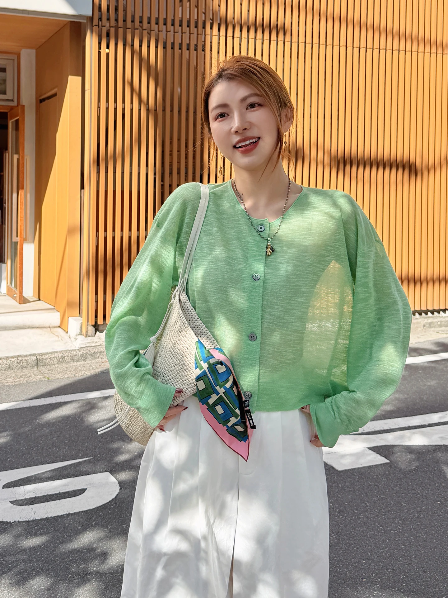 

Muguet De Mai Women's Light Weight round Neck Knitted Cardigan Bamboo Rayon Long Sleeve Loose Fit Spring Summer Versatile Top