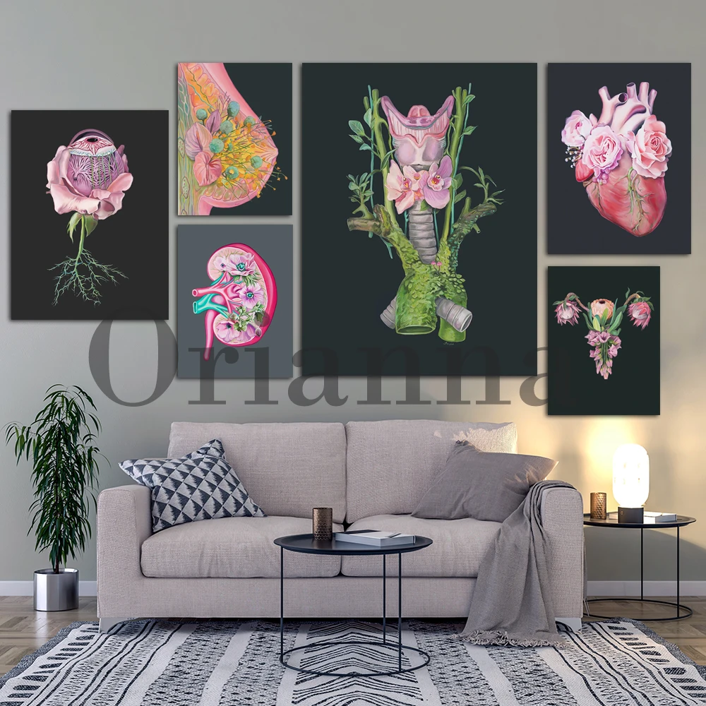 Medical Plant Floral Female Uterus Ovaries Heart Eye Breast Kidney Anatomy Human Body Wall Art Prints Posters Decor Painting