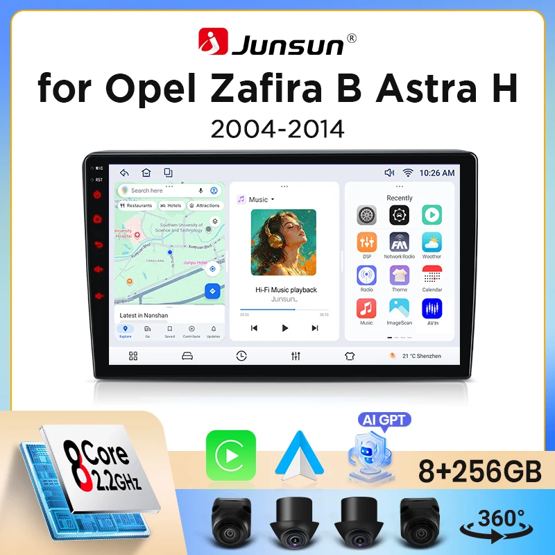 Junsun Wireless CarPlay Android Auto Autoradio für Opel Astra H / Zafira B 2004-2014 mit integriertem Lüfter, Android GPS-Navigation, Multimedia-Player, WiFi, DSP, RDS, BT, SWC, IPS-Touchscreen,