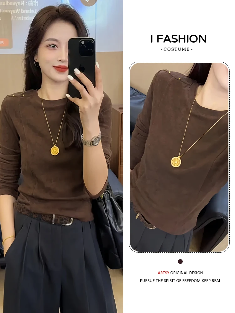 Camiseta Feminina Slim Fit de Manga Longa para o Início do Outono, Camada Base Versátil Estilo Coreano