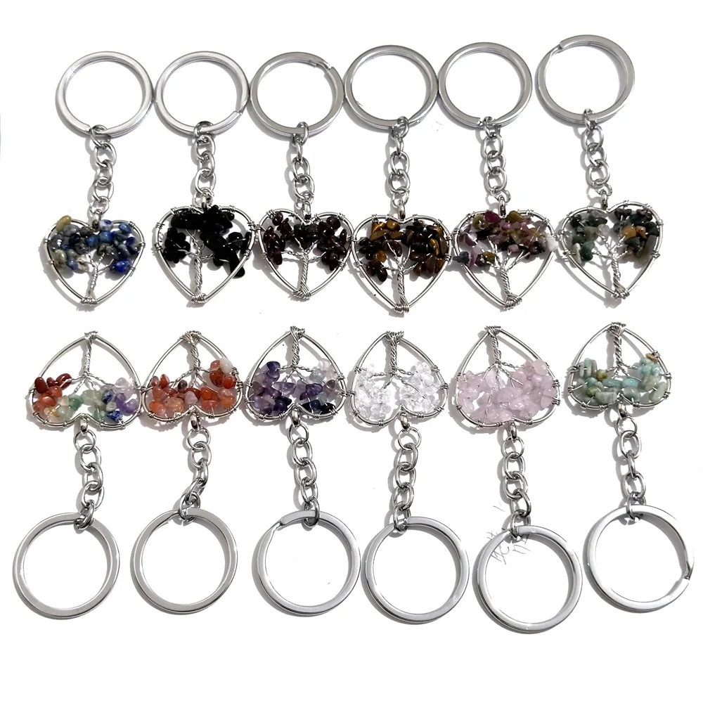 

10pcs 30mm Tree of Life Keychains Heart Pendant Key Rings Women Natural Chip Quart Stone Bead Wholesale Key Rings