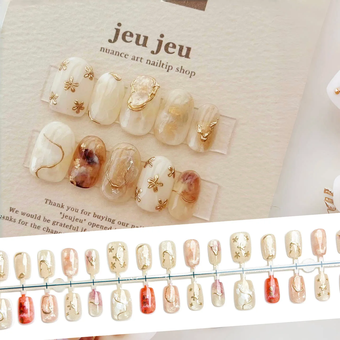 

10Pcs Handmade Nail Collection Gold-Leaf Floral Designs with Subtle Gradient and Fine Glitter Press-On Nails Perfect for Girls