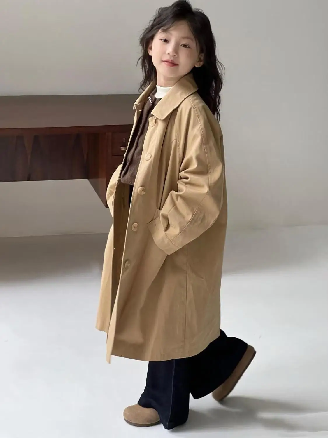 

Teenage Girl Trend Coat Spring and Autumn New Style Children's British Long Overcoat Korean Casual Jacket Kids Coat 100-160cm