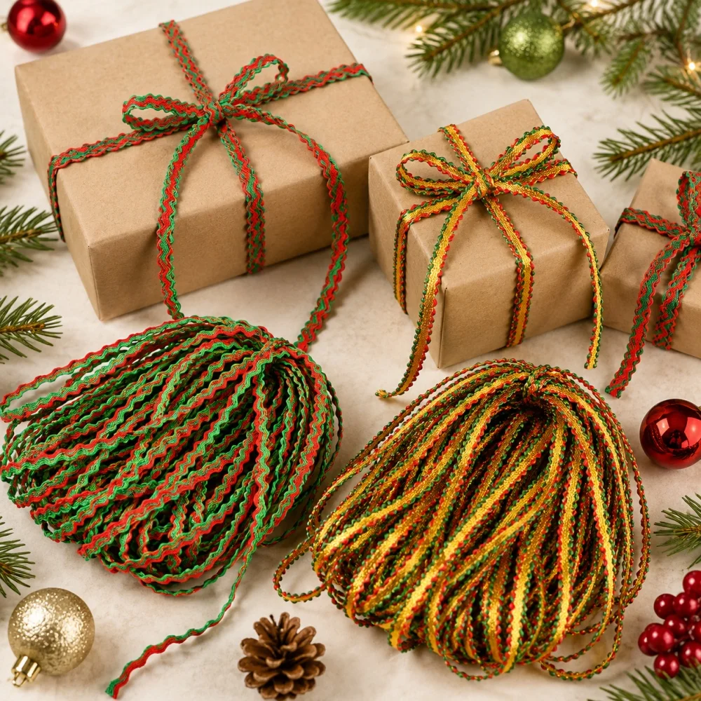 iYOE 18.6/50Yard 5mm Christmas S-Shaped Ribbon Gold Red Green Thread Centipede Braided Wavy Lace for Xmas Gift Party Decoration