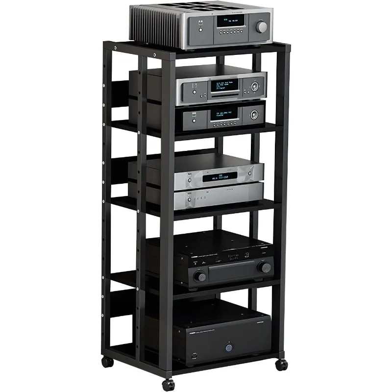 5-Tier AV Media Stand With Wheels, Modern Mobile Stereo Cabinet | Media Console Cabinet with Adjustable Shelves, Metal Audio-Vid