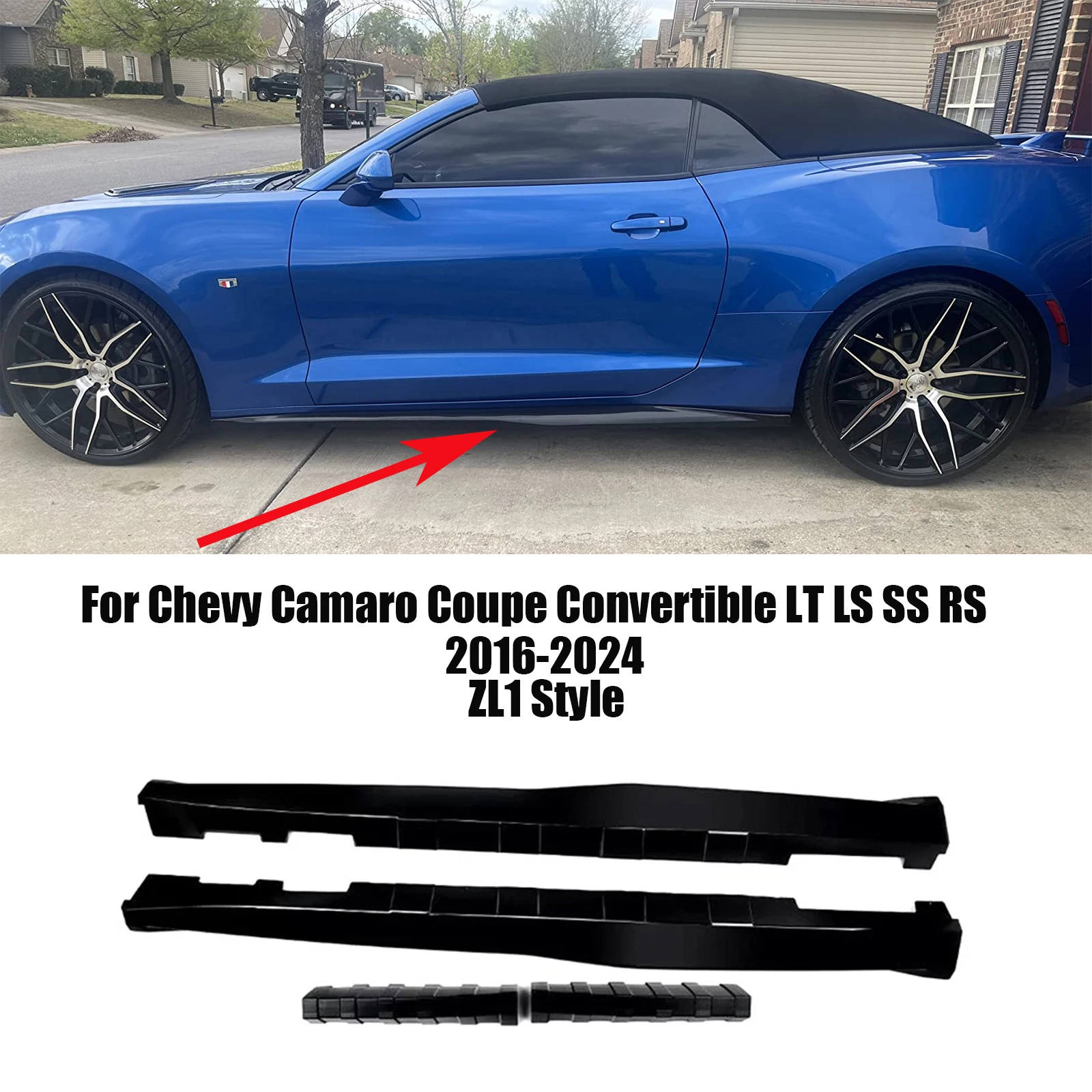 Faldones laterales, paneles de balancín y alerón para Chevy Camaro Coupé Convertible LT LS SS RS 2016-2024 estilo ZL1, aspecto de carbono, negro brillante