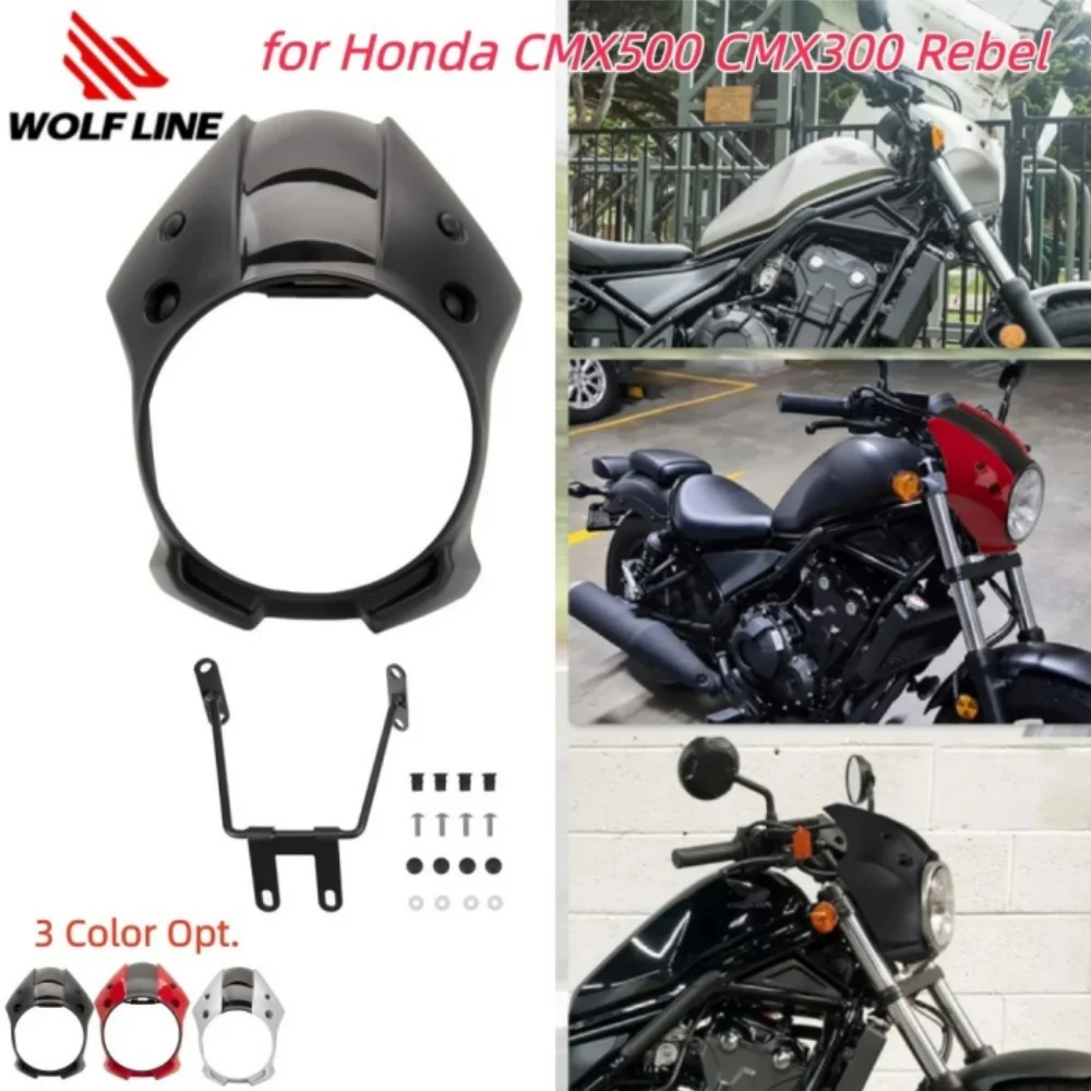 

Wolfline Motorcycle Front Headlight Mask Cover with Bracket for Honda CMX500 CMX300 Rebel 2018-2025 Moto Head Light Fairing Cowl