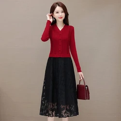 Spring Autumn Female Fake Two Piece Long Dresses Ladies V-neck Splicing Gauze Knitted Sweater Dress Women New A-Line Maxi Dress