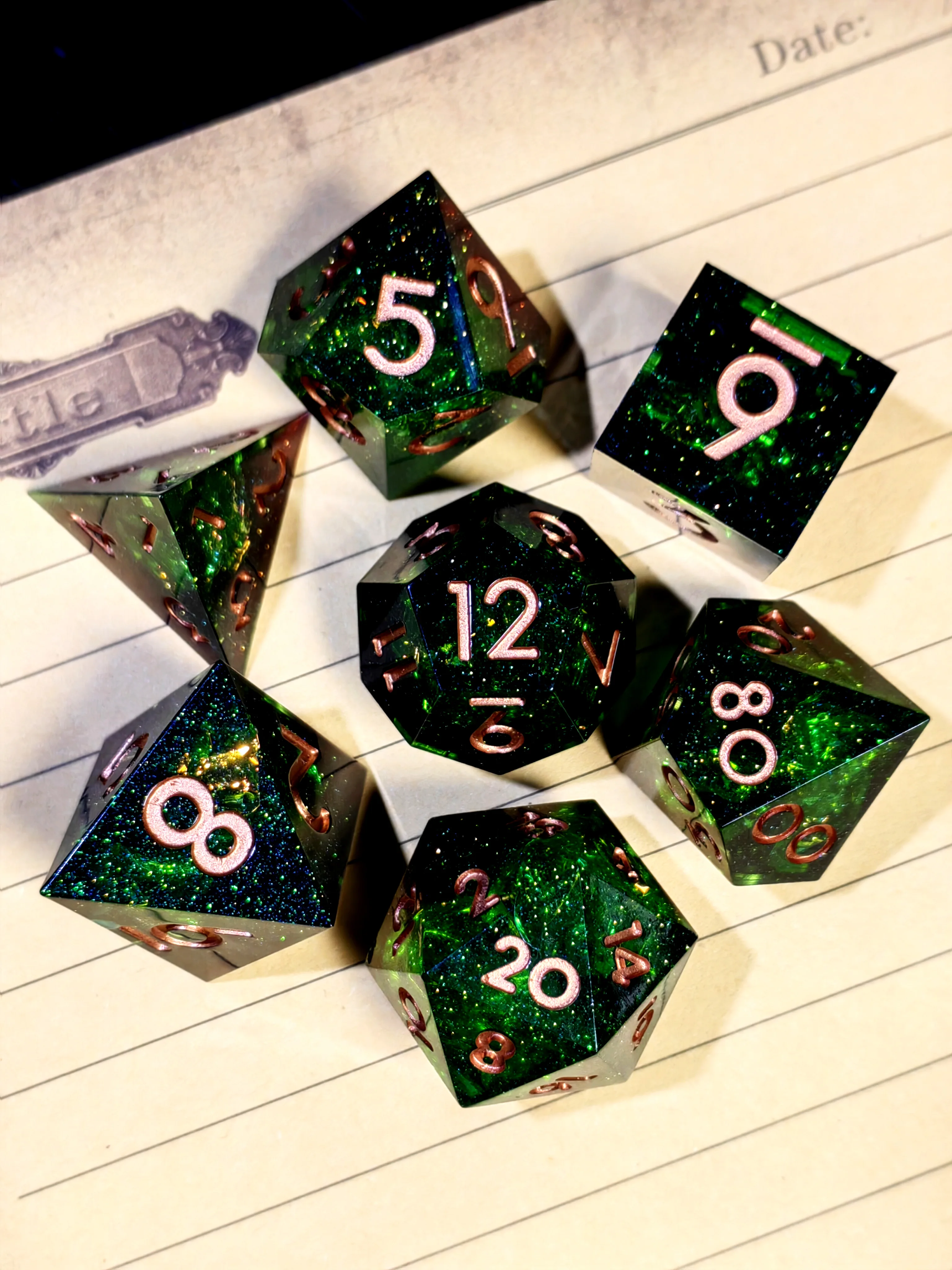 DnD Dice Set - 7 Piece Sharp Edge Resin Polyhedral Dice, Light Green with Bronze Numbers, for D&D RPG Tabletop Games