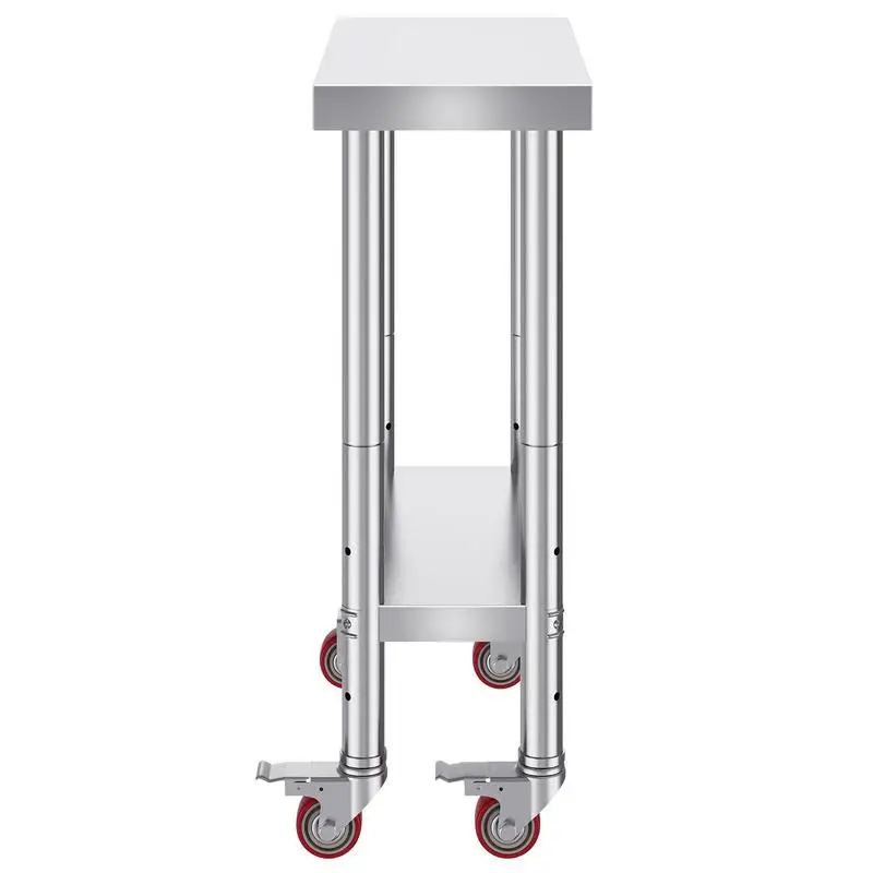 Table de travail de cuisine 31x61x85 cm en acier inoxydable avec roulettes et freins, haute capacité de charge, pour la préparation des aliments dans les cafétérias, hôtels, hôpitaux, cliniques et restaurants