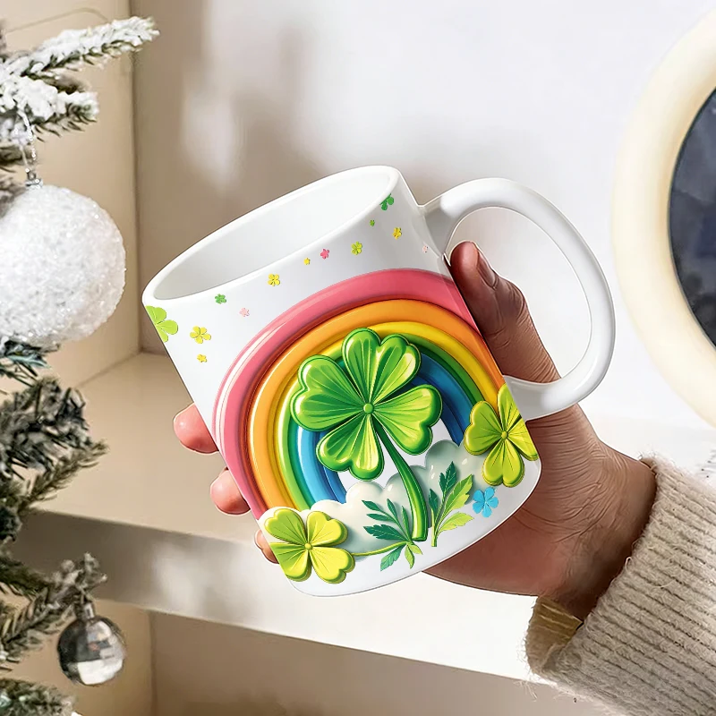 Cute Rainbow Four-Leaf Clover Ceramic Mug, Coffee Cup, Milk Cup, Office Tea Cup, Drinking Cup, Fade-Resistant, Gift for Friends