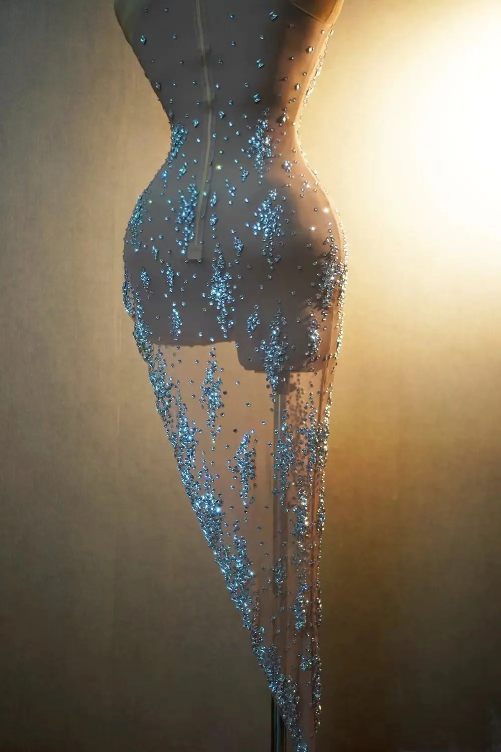 Luxury Diamonds Sexy See-Through DeepV-neck Slit Sheath Dress Evening Party Performance Costume Nightclub Singer B205