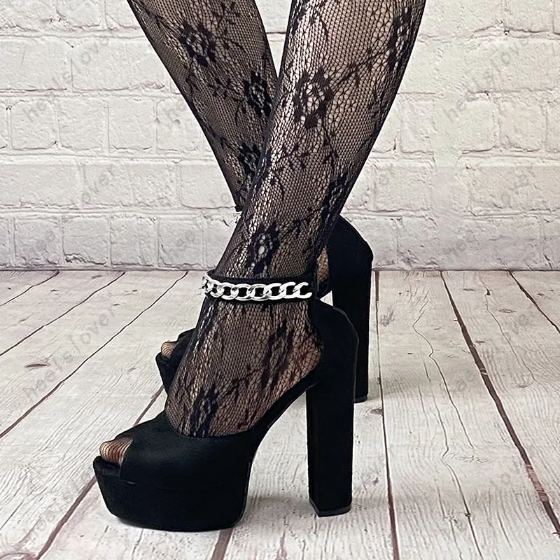 Ahhlsion Sexy Chain Women Sandals Waterproof Stable Chunky Heels Peep Toe Elegant Black Dress Shoes Ladies Plus US Size 5-20
