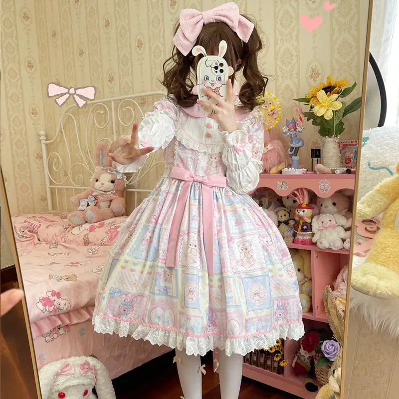 Kawaii Sweetheart Lolita OP Dress Autumn Girls Cute Lace Bow Cartoon Bunny Tea Party Dresses Women Japanses Lovely Chic Vestidos