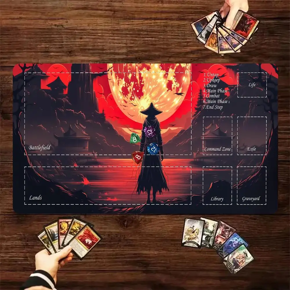 Red Blood Moon Japanese Temple Commander Zoned TCG Play mat With Game Zones Large Anti‑Slip Desk mat For Card Game Mouse pad