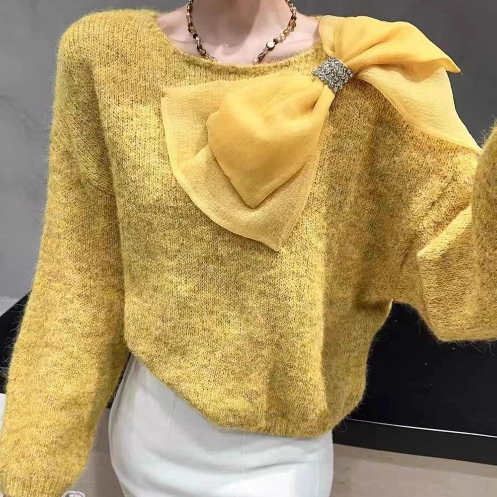 Purple sweater, huge good-looking bow, autumn and winter high-end feeling, lazy style, loose and thin, chic knitted sweater top