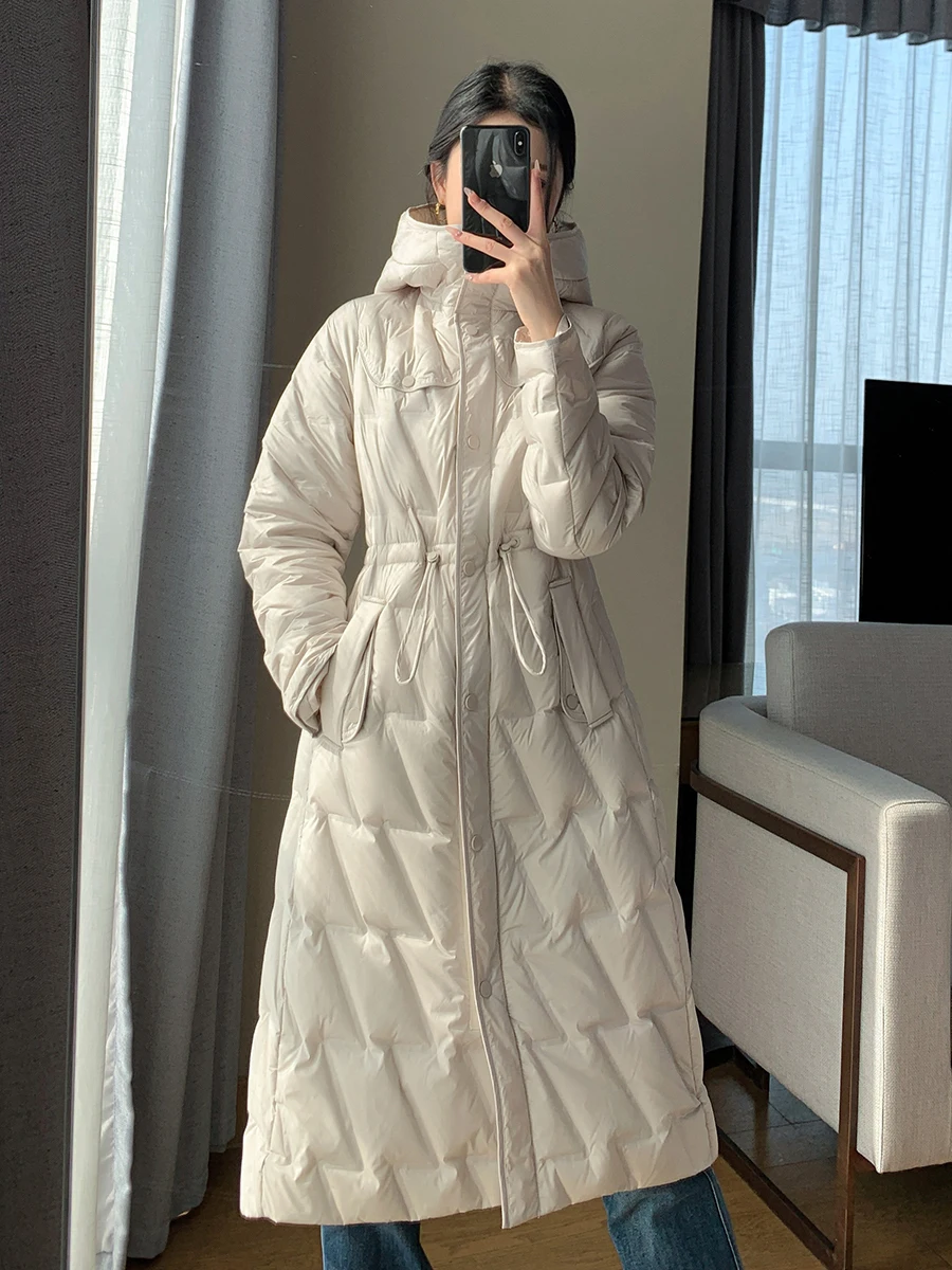 

2025 European Fashion Winter Women's Down Jacket Commuter Hoodie White Duck Velvet Strap Parkas