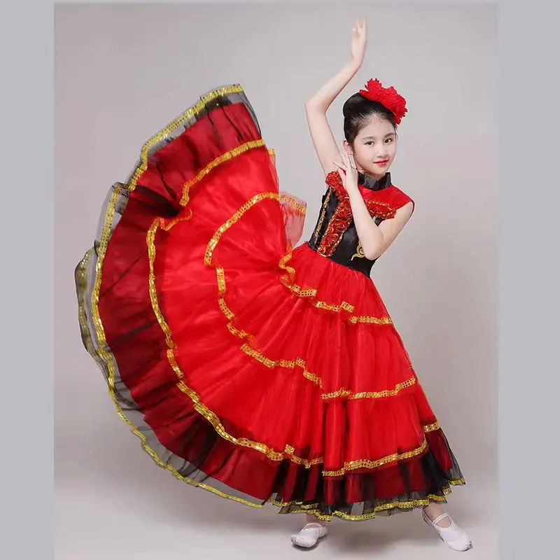 Children Spanish Flamengo Dress for Girl Bullfighting KIds Belly Dance Costume Ballroom Gypsy Chorus Stage Performance Vestidos