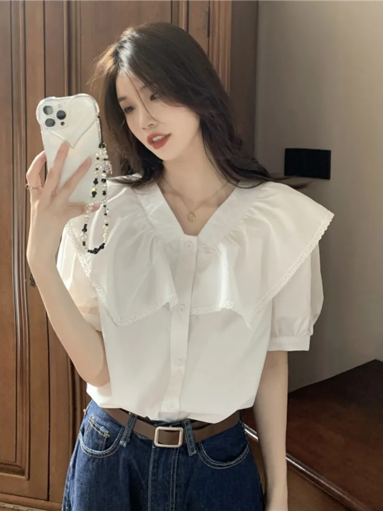 

Sweet Style White Bubble Short Sleeve Shirt Women's Summer Design Loose Doll Collar Top Breathable Skin-Friendly Casual Wear