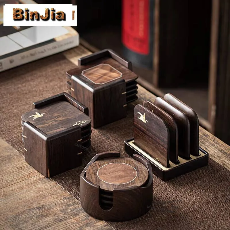 

Black Sandalwood Inlaid Copper Teacup Holder Household Heat-resistance Coasters Aesthetic Coffee Cups Placemats Tea Ceremony