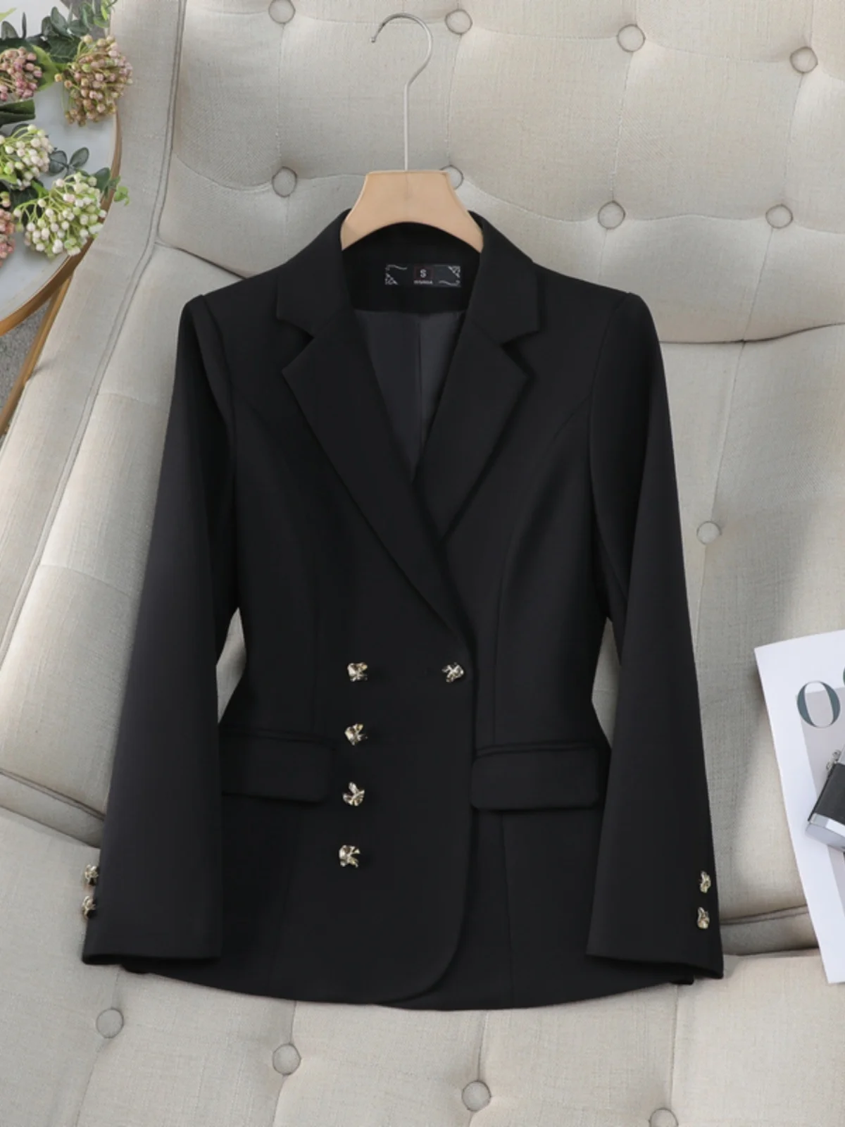 

Женский двубортный пиджак Ele Bla с поясом, осенний, 2024, модный, для офиса, из полиэстера, длинный, стильный, костюмный пиджак