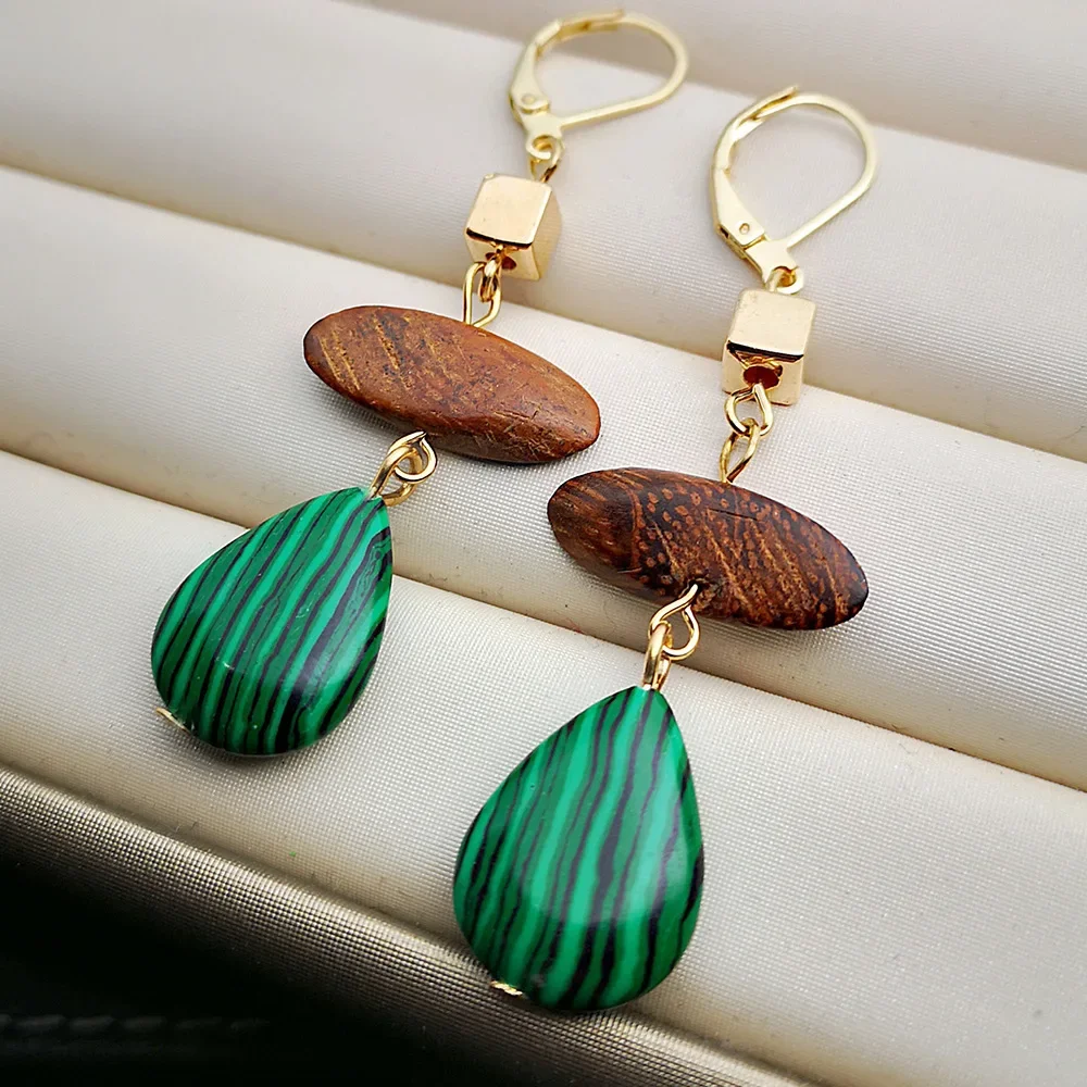 Geometric Vintage Brown Color Stone Green Drop Earrings Women's Retro Personality Unique Design Earrings Party Custom Jewelry