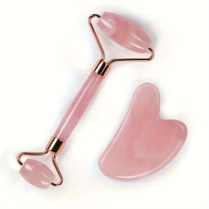 1set Pink Resin Gua Sha Scraping Massage Tool and Facial Roller Set - Manual Relaxation Kit, Uncharged, No Battery Required