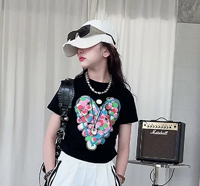 summer 4 6 8 10 12 14 teenager girls cotton t-shirt white black Love print junior kids top tee child clothes 3