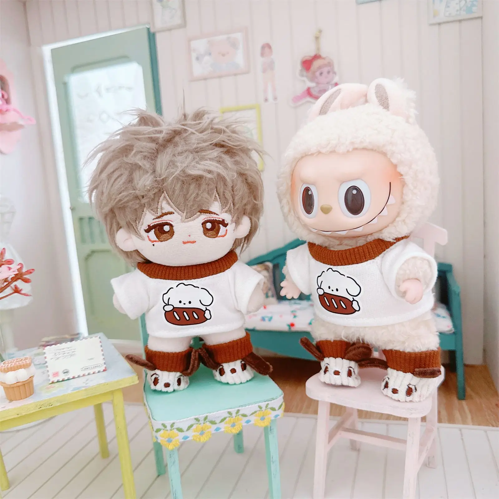 Leuke Mini Pluche Pop Kleding Outfit Accessoires voor 17 cm Labubu V1 V2 Poppen T-shirt Sling Jumpsuit Jas DIY gift