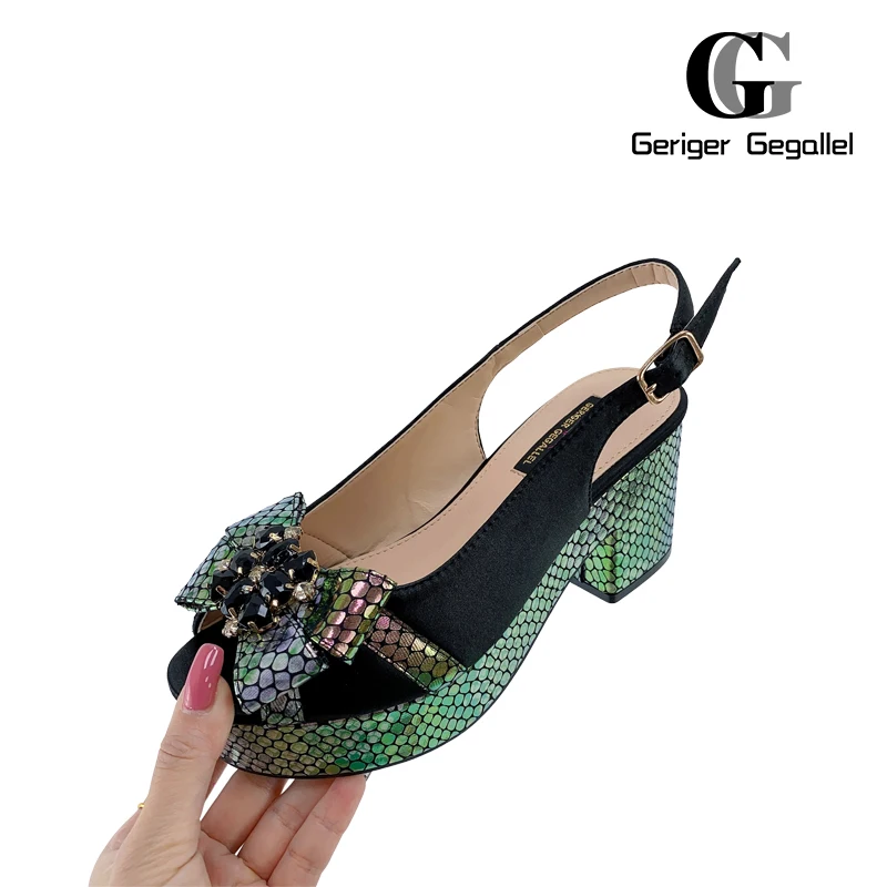 Latest Green Color African Pumps Shoe Summer High Heels Italy Women Wedding Shoes Rhinestone Elegant Women Summer Slipper Shoes