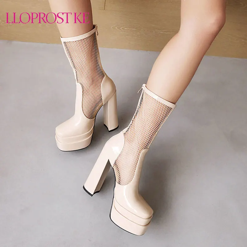 

Lloprost ke Breathable Fashion Boots Thick Platform Square Toe Chunky Heel Ankle Boots Back Zipper Women Shoes Summer Boots