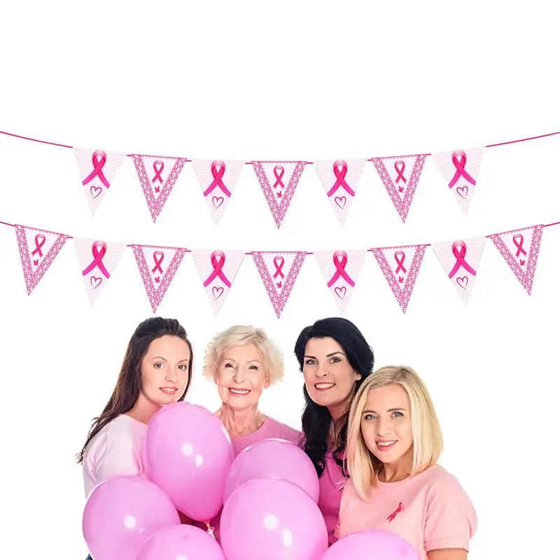 Breast Care Awareness Decorations Pennant Banner Strength Faith Pink Decor Triangle Banner Flags Lightweight Female Theme