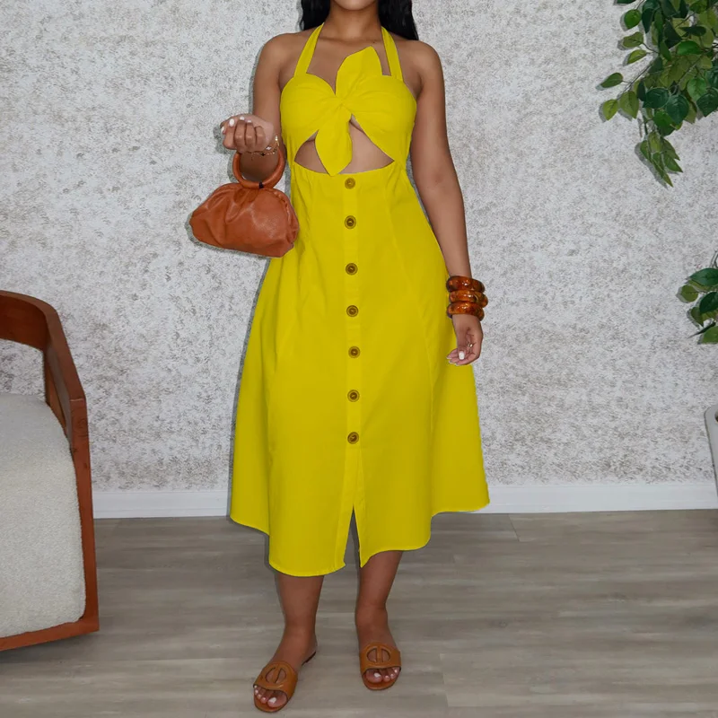 Slergiri Women's Solid Color Button Front Cutout Bows Halter Dress 2025 Summer Holiday Style Backless A-line Casual Long Dresses