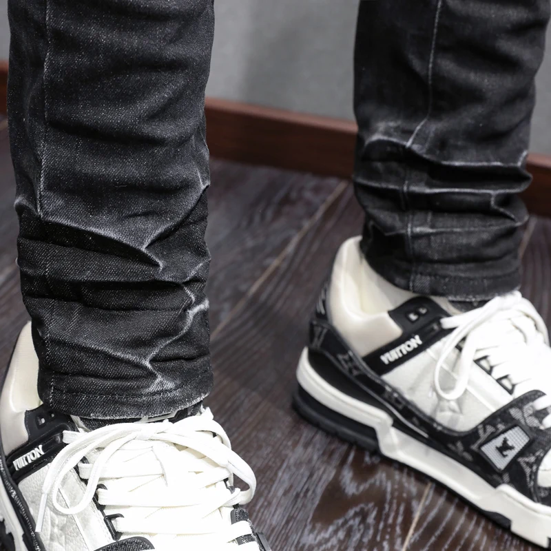 High street fashion jeans stretch slim fit washed jeans green patch hip-hop brand designer black pants hombre