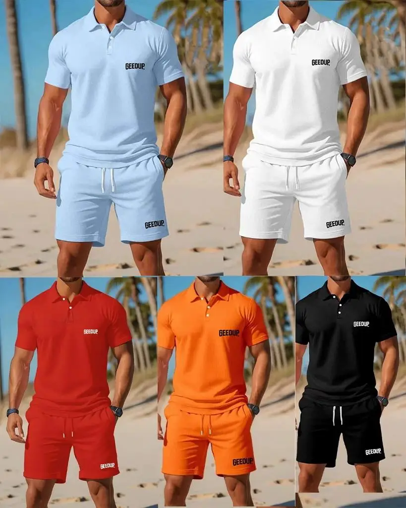 

Высококачественный мужской летний комплект из двух предметов с шортами и топами с воротником с короткими рукавами, изготовлен из сетчатой ткани, подходит для пляжа.