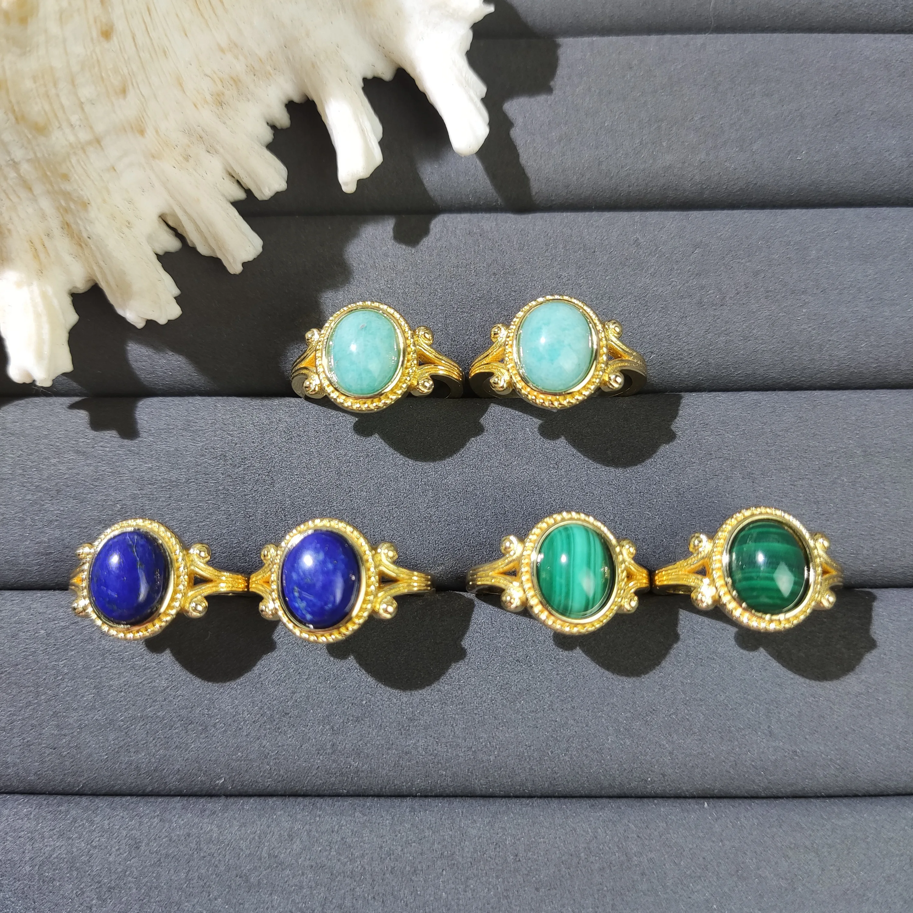 Healing Crystal Ring, Natural Gemstone Adjustable Ring, Gold Plated Copper Stone Jewelry for Women, Malachite Lapis Amazonite