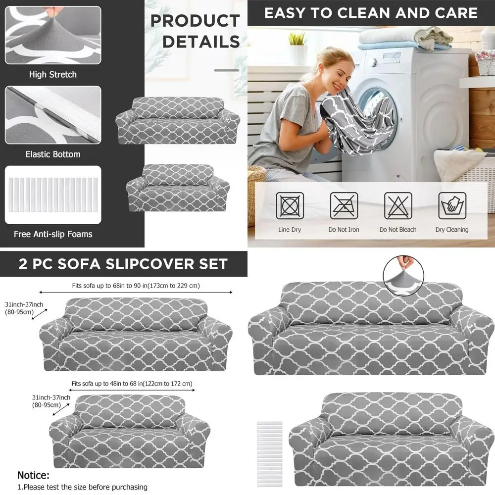 

Light Gray Stretch Sofa Cover Set for Living Room Couch, Loveseat, and Armchair - Form Fit, Wrinkle-Free Furniture Protector