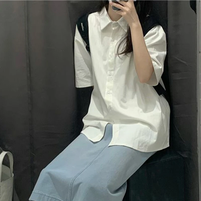 GIDYQ Korean Women White Shirt Elegant Casual Female Loose Short Sleeve Tops College Style All Match Student Button Shirt New