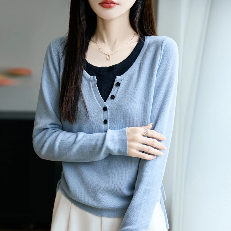 New Women fake two pieces Cashmere Sweater Knitted Hot Selling Soft drawstring Cashmere sweater Women Top