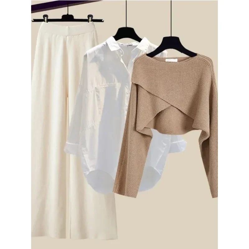 Winter 3 Piece Sets Womens Outfit Office Ladies Elegant Irregular Knitted Sweater +Shirt +Wide Leg Pants Set Women Clothing N257