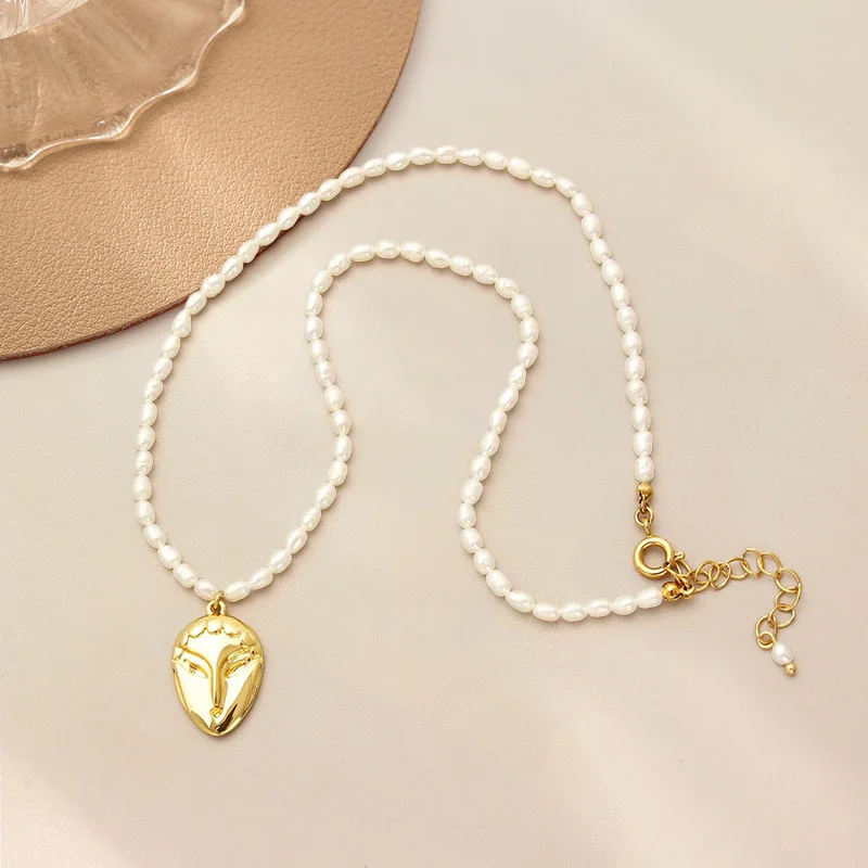 Peking Opera Facial Makeup National Fashion Freshwater Rice Grain Small Pearl Retro Short Pendant Necklace Clavicle Chain Neckla