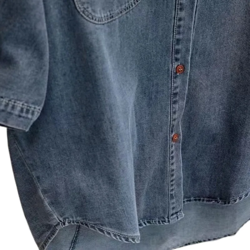 Verão manga curta denim camisa chique feminino laple único breasted solto topo coreano retro versátil camisas jeans masculinas