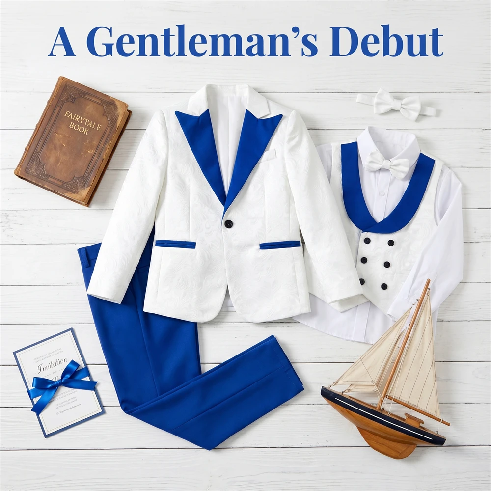 SHIP TODAY Boy's Jacquard Suit for Formal Occasion, Wedding Ring Bearer Suits, Luxury 5-Piece Set Jacket Vest Pants Bowtie & Tie